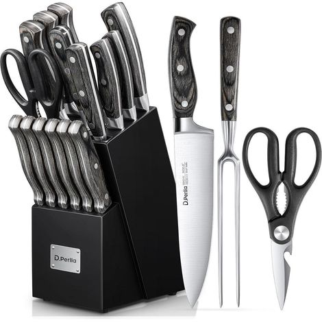 Ensemble de 16 couteaux de cuisine en acier inoxydable avec bloc en bois, manche en bois, aiguiseur (1/5)