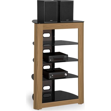 Centurion Supports Zinnia 5-Shelf Black Glass Shelves with Oak Fascia Flat Screen TV / Hi-Fi / AV Rack Entertainment Stand (1/5)