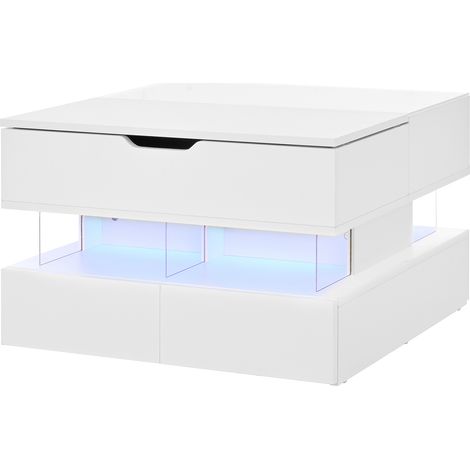 Mesa de centro elevable con LED de 16 colores, sobre de cristal y almacenaje, blanca (1/5)