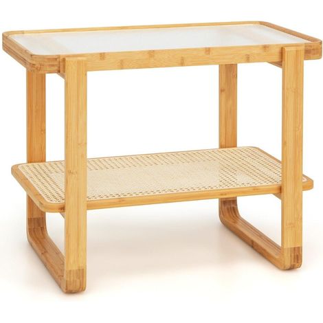 Mesa de centro con tapa de cristal extraible y estante de ratan mesa de centro con estructura de bambu