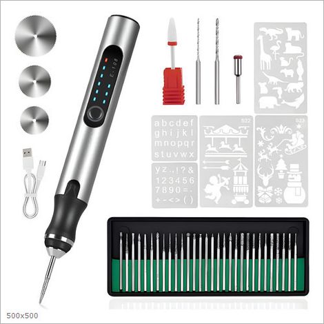 Stylo Graveur Électrique sans Fil – 3 Vitesses 15000-20000 tr/min, Rechargeable USB-C, 37 Accessoires + 16 Pochoirs, Protection Surcharge pour Bois Verre Métal Pierre (1/5)