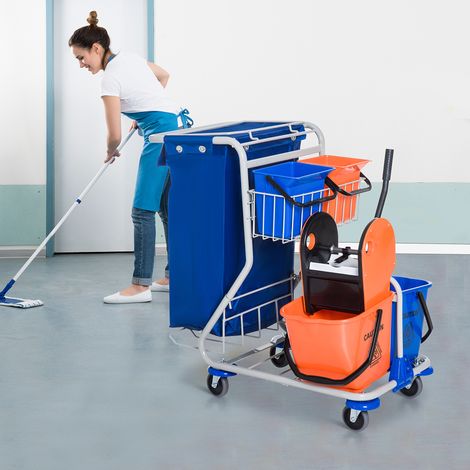 Carro de limpieza con 2 cubos de 18 L y 2 de 6 L, carro para fregona, carro doméstico con prensa para fregona, cesta de almacenamiento, azul/naranja, 93 x 80 x 97 cm
