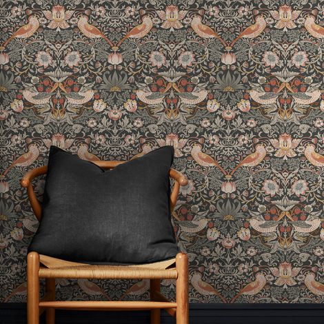 Papier peint intissé William Morris Strawberry Thief Charcoal 1005 x 52cm Gris (1/5)
