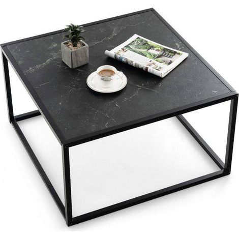 Table basse carrée noire en acier avec plateau effet marbre et étagère inférieure et pieds antidérapants pour salon bureau et (1/5)