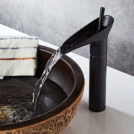 Schwarze Badarmaturen, Wasserfallarmaturen, Waschtischmischer, schwarze Retro-Einhebel-Waschtischarmaturen, Waschtischarmaturen aus Messing in Arbeitsplattenhöhe, Spültischarmaturen, r (1/5)