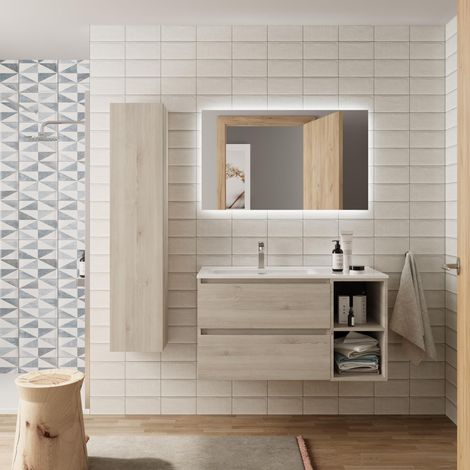 Meuble de salle de bain BEQUIA PLUS 100cm Naturel Vasque Porcelaine Robinet à gauche 2H (1/4)