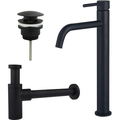 Fortifura Calvi Slim Kit mitigeur lavabo - robinet rehaussé - bonde clic clac - siphon design - Noir mat
