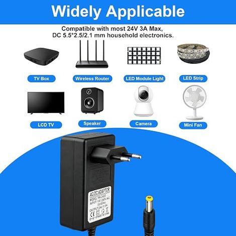 24V 3A Power Supply Adapter 72W, Universal AC/DC Transformer 100-240V with EU Plug and 5.5x2.5mm Output, AC Adapter for Streifen LED, CCTV Camera, Router, Screen, 1.5M (1/4)