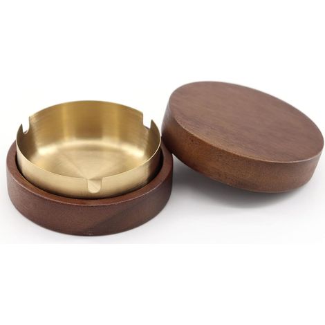 Cendrier avec couvercle en inox et bois de hêtre, coupe-vent, doré (1/5)