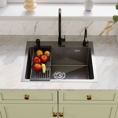 Évier de cuisine noir en acier inoxydable avec accessoires - 55 x 45 cm - Marque DeerValley