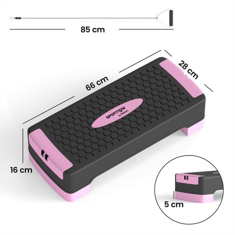 Stepper de fitness réglable en deux étapes, 11/16 cm, avec 2 bandes de résistance, capacité de poids de 120 kg, disponible en rose et noir. (1/5)