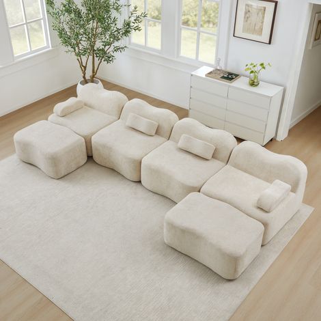 Canapé Panoramique en XXL 4 Places - Grand Canapé au Sol Modulable Forme U avec 2 Poufs - Sans Armature, Tissu Doux, Mousse 32D, Design Ondulé (384x167cm) - Beige (1/5)