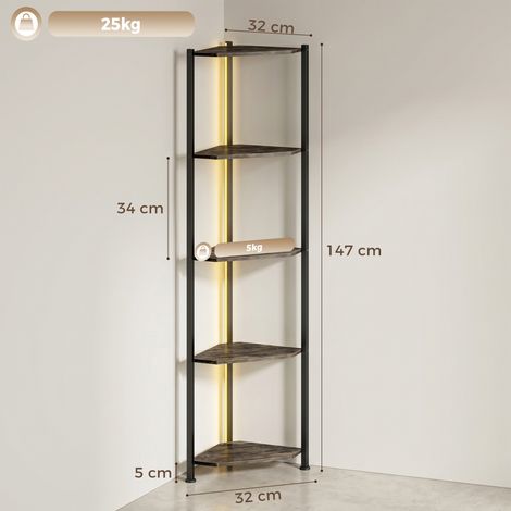 Bücherregal 5-stöckiges Eckregal mit LED-Beleuchtung für Wohnzimmer, Schlafzimmer, Büro, Rustikal Braun (1/5)