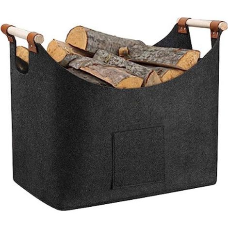– Panier à bûches en feutre – Capacité 13 kg – Dimensions 45 x 32 x 40 cm – Poignée en bois avec revêtement cuir – Rangement bois cheminée (1/5)