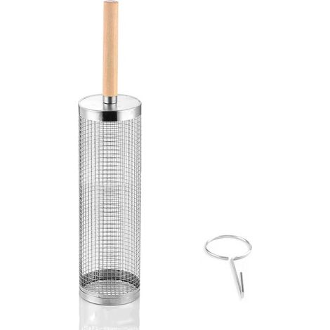 Panier cylindrique pour barbecue en acier inoxydable – 45 × 9,5 cm – Poignée en bois amovible et crochet – Pour légumes, viande et pique-niques (1/5)