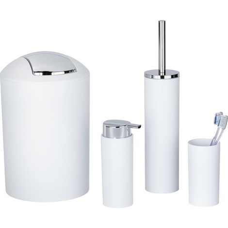 Set bagno toilette Calvo 4 pezzi con dosasapone, bicchiere portaspazzolino, scopino e cestino, bianco con dettagli cromati