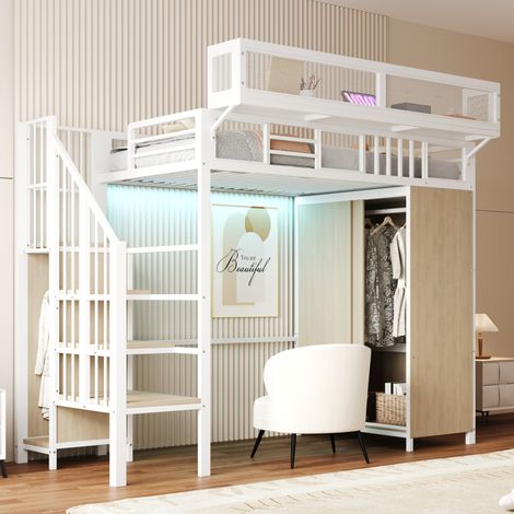 Hochbett 90x200 cm Mit Integriertem Schrank Weiß (1/5)