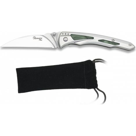 Coltello Albainox Plus, mango in acciaio imitazione madreperla, lama in acciaio inox 8,3 cm, con clip e fodero in velluto