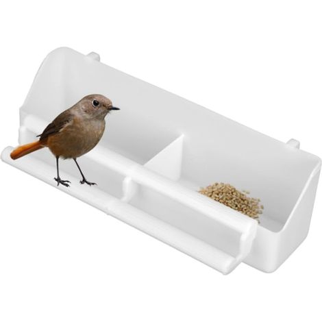 Comedero para pájaros, doble compartimento, plástico blanco, con percha y ganchos, para jaulas de interior/exterior. (1/5)