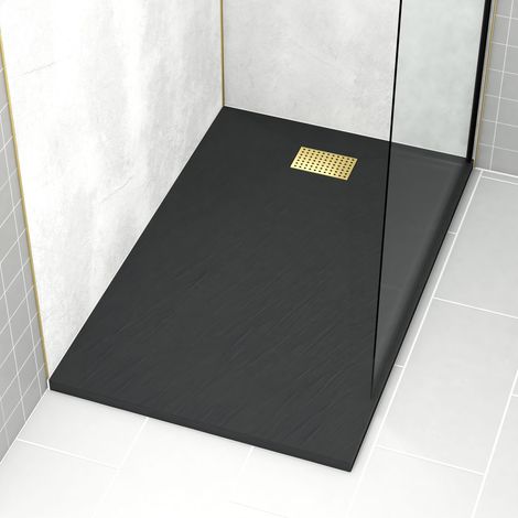 receveur de douche noir effet pierre 90x140 cm et grille décor perforée or doré brossé