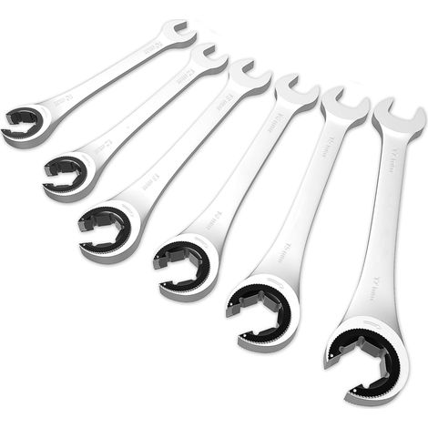 Jeu de clé plate à cliquet ouverte, 6Pcs 10-17mm Métrique Clés Mixtes à Cliquet Clés à Écrou Évasé pour conduites de frein en Acier au Chrome Vanadium pour Réparation Automobile/Domestique (1/5)