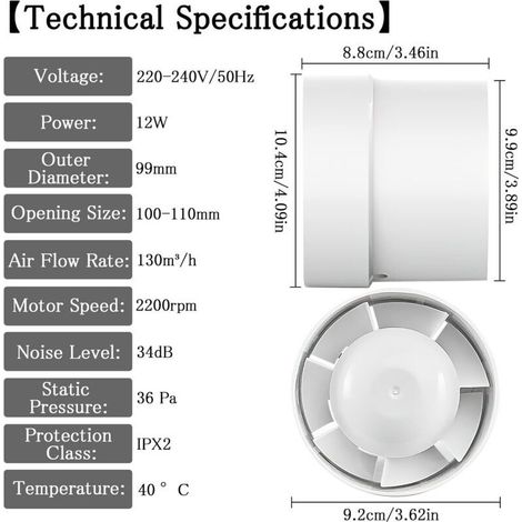 Ventilateur Extracteur d'air, économique 100mm, 12W/130m³, extracteur axial conduit en ligne : salle de bain, cuisine, cave (1/5)
