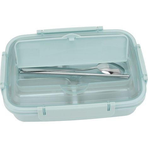 Boîte à lunch à 3 compartiments en acier inoxydable 304, cuillère et baguettes assorties en plastique, idéale pour le bureau (bleu). (1/5)