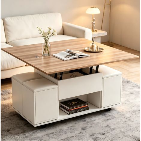 Mesa de centro elevable 100x51x63.5 cm con almacenaje oculto, 4 taburetes, aglomerado blanco y natural (1/5)