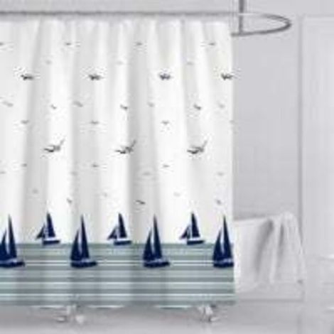 Rideau de Douche Bleu Nautique Côtier Océan Rideau de Bain Tissu Polyester Anti Moisissure Imperméable Lavable Rideau Salle de Bain 180 x 180 cm avec 12 Crochets pour Baignoire (1/3)