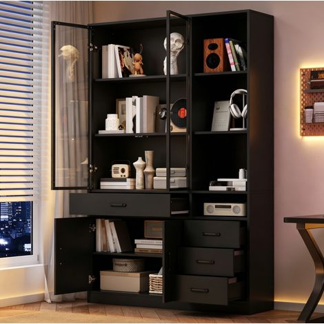 Armario alto con vitrina de cristal LED 120x35x200 cm, 13 zonas de almacenamiento, 4 cajones, tablero de partículas negro (1/5)