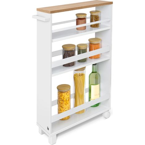 Étagère de cuisine étroite 15cm – 3 étagères modulables – Dimensions 79x50cm – Blanc et chêne – Roulettes pour mobilité – Bomoe