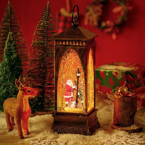 Lanterne Boule à Neige Musicale de Noël, Alimenté par Piles et Plug USB Lanterne à Eau de Noël Père Noël Decoration Illuminée Style Lanterne Boule à Neige de Noël pour Maison Magasin