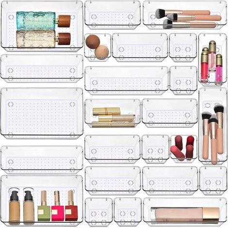 Ensemble de 25 pièces pour organiseurs de tiroirs – plateaux de rangement – bacs de rangement en plastique pour bureaux, cuisines, salles de bain et coiffeuses – PET – Transparent (1/5)