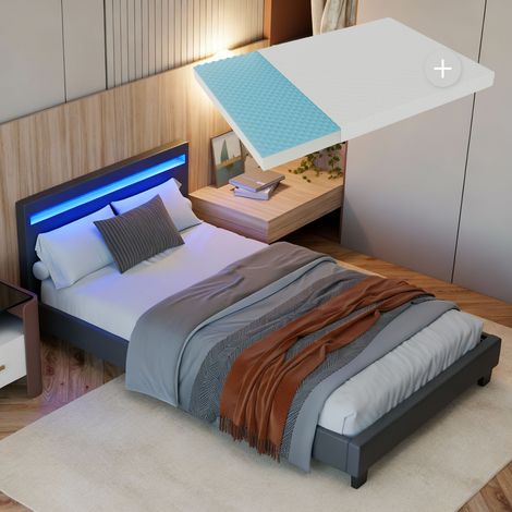 Juskys – Lit d'appoint 120x200 cm avec sommier à lattes et matelas en mousse froide – Tête de lit avec éclairage LED – Design moderne et élégant