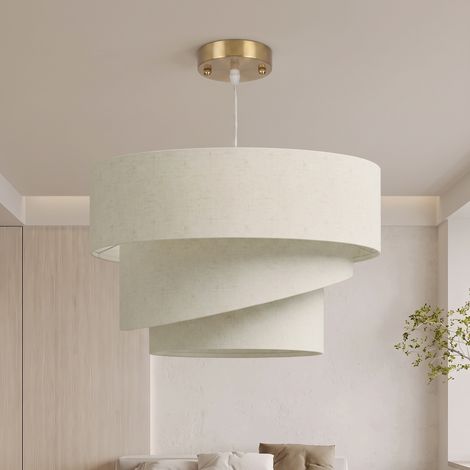Suspension Luminaire à 3 Abat-Jour Effet Lin, Ampoule Non Incluse E14 40 W, Câble Réglable, Rosace Dorée, Beige (1/5)