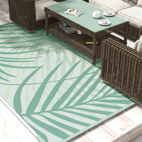 Tapis de jardin extérieur réversible 365L x 274l cm imperméable motif feuillage avec sac de transport. vert crème