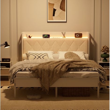 Cama doble 140x190 cm blanca de lino y acero con LED, USB y espacio de almacenaje (1/5)