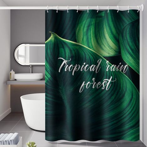 Rideau de Douche 180x200cm avec 12 Crochets, Séchage Rapide (Feuilles de Bananier), Tissu Polyester Imperméable Lavable en Machine, Voilage de Salle de Bains (1/4)
