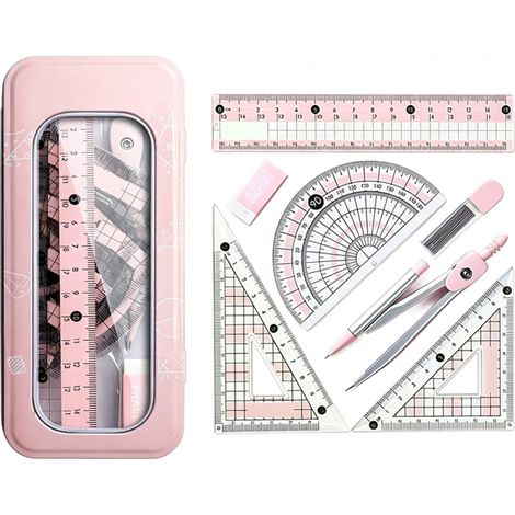 Irovami Kit géométrie 8 pièces rose – compas, règle, dessin, primaire/lycée (1/5)