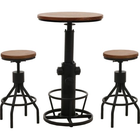 Set mesa de bar + 2x taburete de bar HHG-032, taburete de bar mesa alta altura regulable reposapiés giratorio madera industrial, marrón