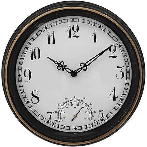Horloge murale extérieure étanche avec thermomètre, indice de protection IP44, horloge décorative de jardin ronde rétro de 12 pouces, excellente qualité. (1/5)