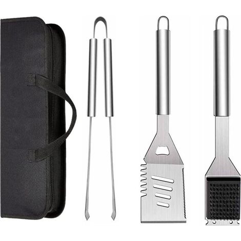 Kit d’ustensiles de barbecue en acier inoxydable 3 pièces (pelle, pince et fourchette) avec sac de rangement portable – idéal pour grillades extérieures, cuisine et camping (1/5)
