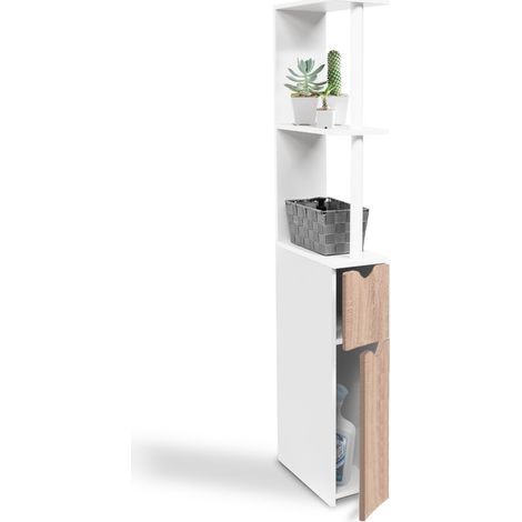 Idmarket – Meuble WC étagère 2 portes blanc et hêtre – Dimensions 15,2x29,8x118 cm – Rangement compact pour petits espaces – À monter soi-même