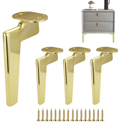 Pieds de Meubles Métal 4 Pièces, Pied Canapé Moderne, Table Basse, Meuble TV, Armoire Salle de Bain – Vis + Protection Sol + Base Silencieuse Antidérapante (15 cm, Or)