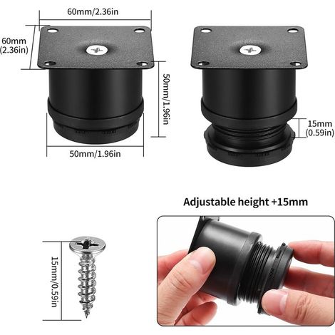 4 pieds noirs ajustables en acier inoxydable pour meubles, placards, canapés et tables. (1/5)