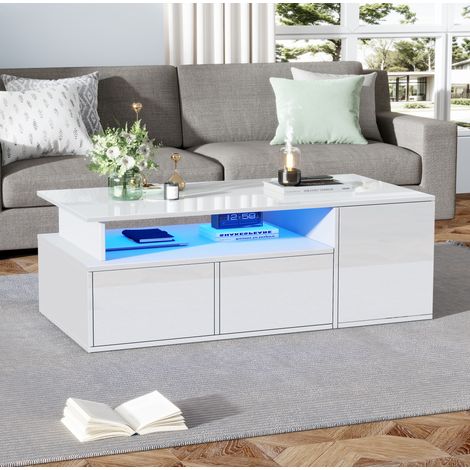 table salon LED rangement compact 100 cm bois blanc OKMYHOME (1/5)