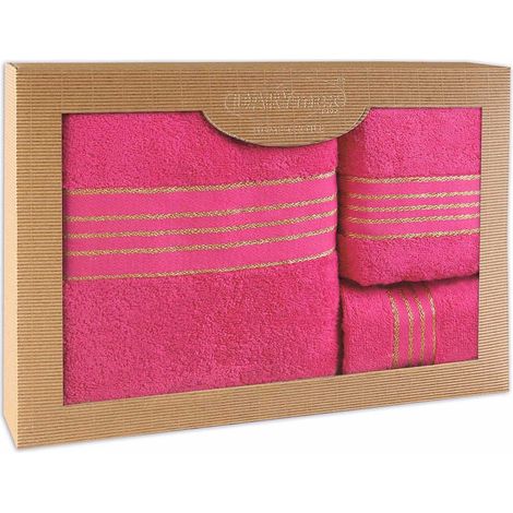Toalla de algodón, juego de 3 toallas en una caja, 30x50, 50x90, 70x140, fucsia (1/5)