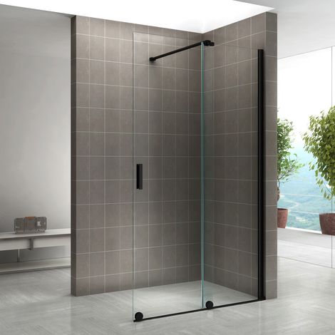 Saniverre – Paroi de douche italienne noire 200 cm x 140 cm – Verre de sécurité 8 mm – Profilé aluminium noir mat – Porte coulissante (1/5)
