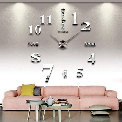 Grand argent 3D sans cadre horloge murale autocollants bricolage décoration murale pour salon chambre (1/4)