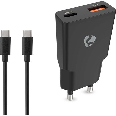 Caricabatterie da muro gan a doppia porta 30 w usb c e usb a nero